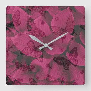 Beautiful Butterflies On A Pink Leaf Pattern  Square Wall Clock