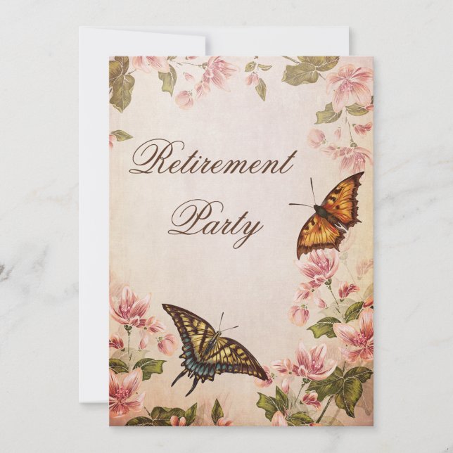 Beautiful Butterflies & Vintage Blossom Retirement Invitation (Front)