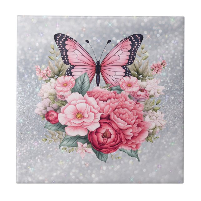 Beautiful Butterfly And Flowers  Tile (Front)