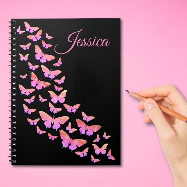 Beautiful Butterfly Pattern pink monogram name Notebook (Modern pink and black personalized notebook with elegant typography script)
