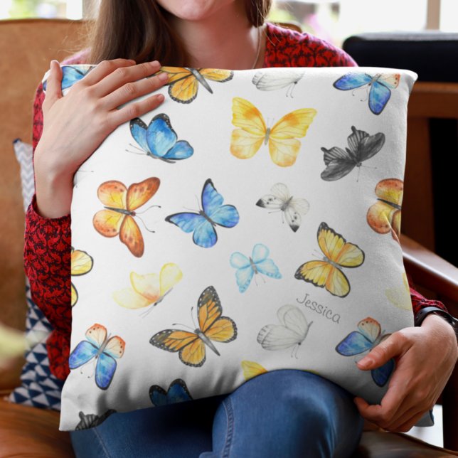 Beautiful Butterfly Pattern with Name Cotton Throw Pillow (Creator Uploaded)