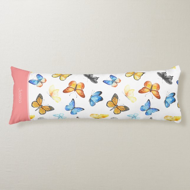 Beautiful Butterfly Pattern with Name Pink Cotton Body Pillow (Front)