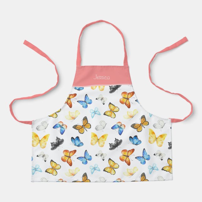 Beautiful Butterfly Pattern with Name Pink Kitchen Apron (Front)
