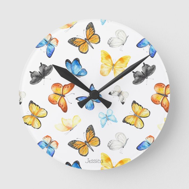 Beautiful Butterfly Pattern with Name Round Clock (Front)