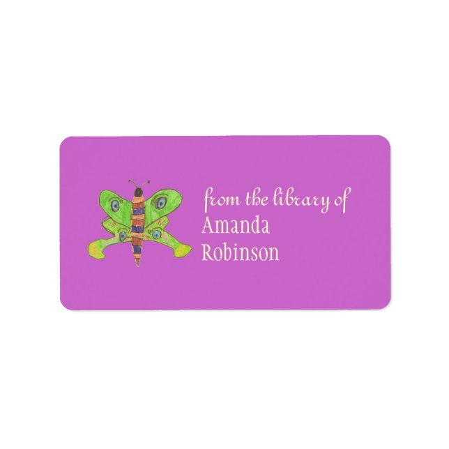 Beautiful butterfly personalized bookplate, purple label (Front)