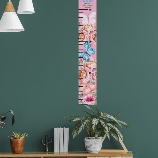 Beautiful Butterfly Pink Floral Girls Growth Chart (Living Room 1)