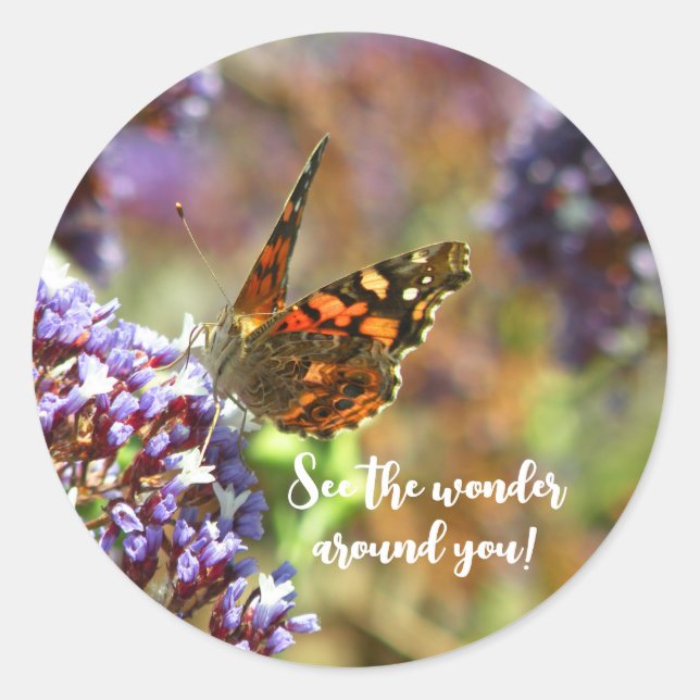 Beautiful Butterfly pollinating flowers Classic Round Sticker (Front)