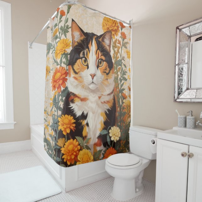 Beautiful Calico Cat With Marigold Flowers (In Situ)