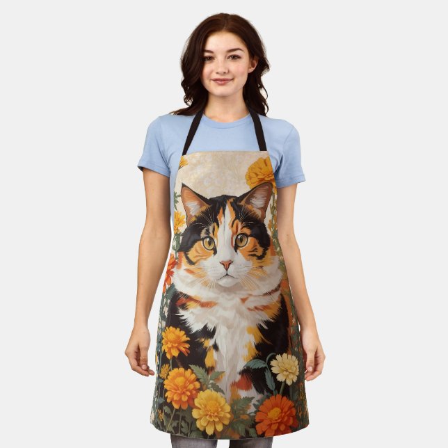 Beautiful Calico Cat With Marigold Flowers Apron (Worn)