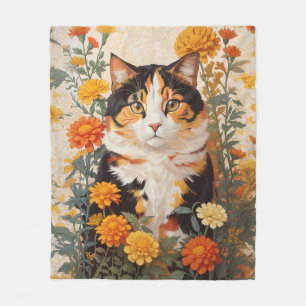 Beautiful Calico Cat With Marigold Flowers Fleece Blanket