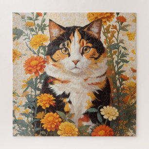 Beautiful Calico Cat With Marigold Flowers Jigsaw Puzzle