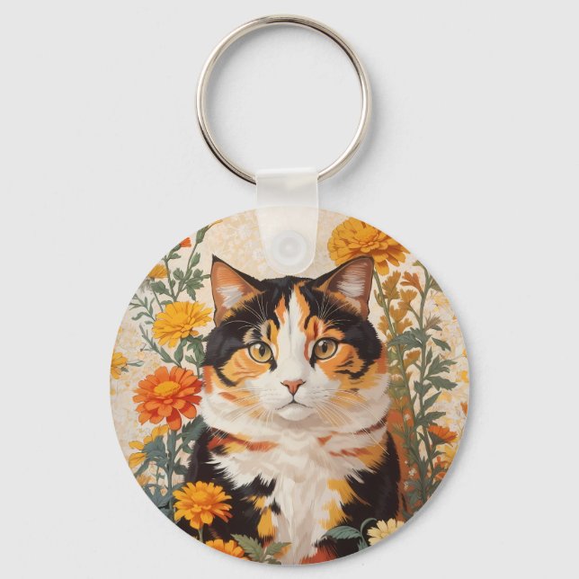 Beautiful Calico Cat With Marigold Flowers Keychain (Front)