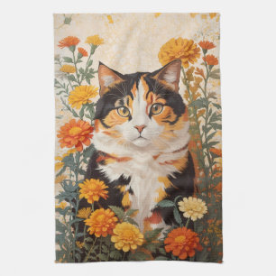Beautiful Calico Cat With Marigold Flowers Kitchen Towel