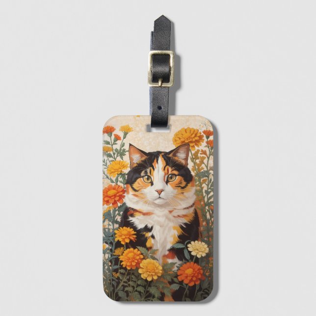 Beautiful Calico Cat With Marigold Flowers Luggage Tag (Front Vertical)
