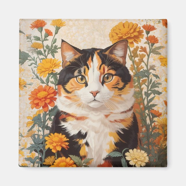 Beautiful Calico Cat With Marigold Flowers Magnet (Front)