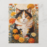 Beautiful Calico Cat With Marigold Flowers