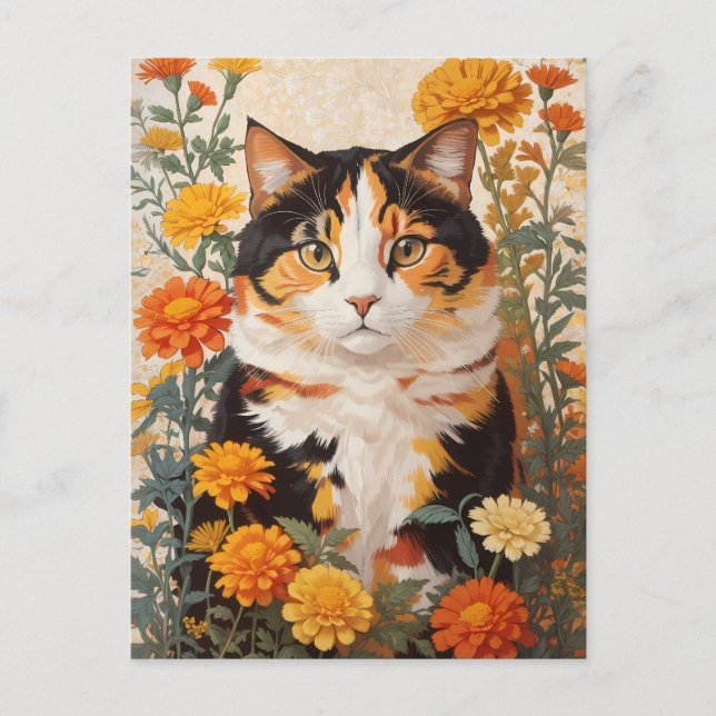 Beautiful Calico Cat With Marigold Flowers Postcard (Front)