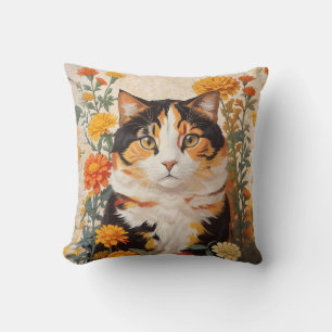 Beautiful Calico Cat With Marigold Flowers Throw Pillow
