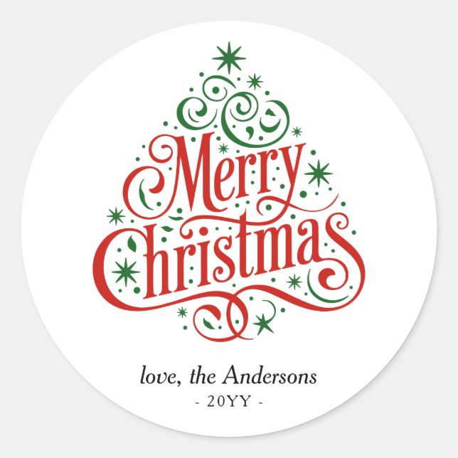 Beautiful Calligraphy Merry Christmas Tree Custom  Classic Round Sticker (Front)
