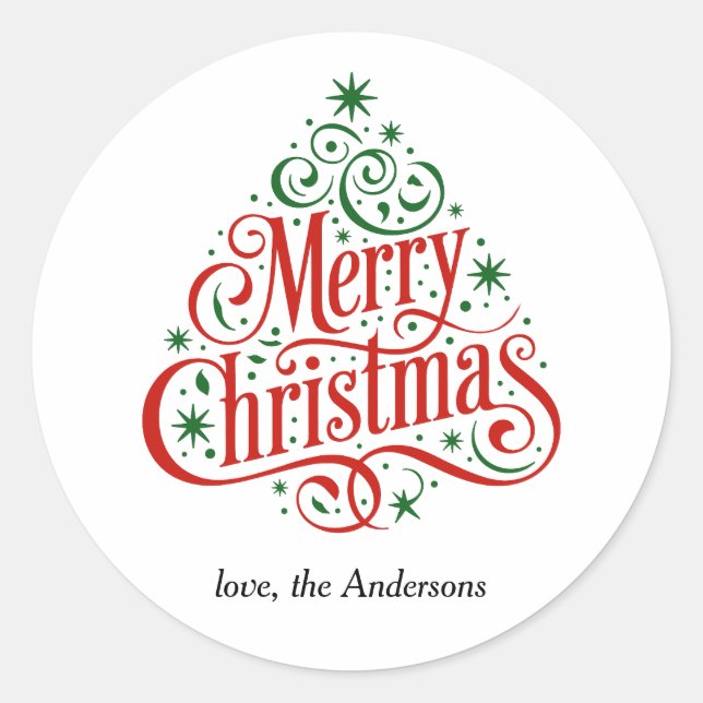Beautiful Calligraphy Merry Christmas Tree Custom  Classic Round Sticker (Front)