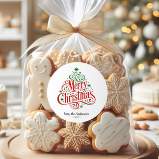 Beautiful Calligraphy Merry Christmas Tree Custom Classic Round Sticker