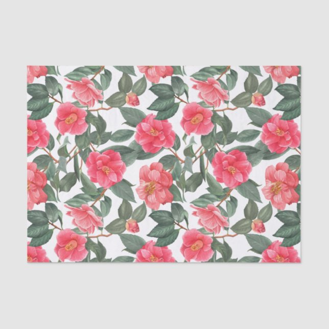 Beautiful Camellia Flowers and Leaves Pattern Tissue Paper (Front)