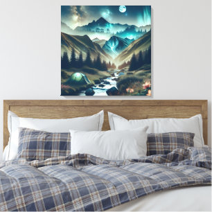 Beautiful Camping Scene with Mountains and Tent Canvas Print