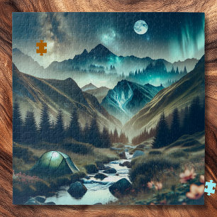 Beautiful Camping Scene with Mountains and Tent Jigsaw Puzzle