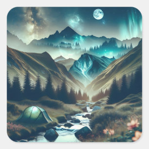 Beautiful Camping Scene with Mountains and Tent Square Sticker