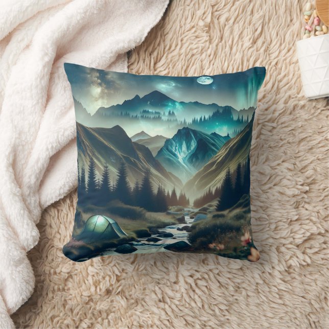 Beautiful Camping Scene with Mountains and Tent Throw Pillow (Blanket)