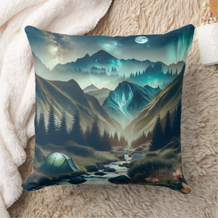 Beautiful Camping Scene with Mountains and Tent Throw Pillow
