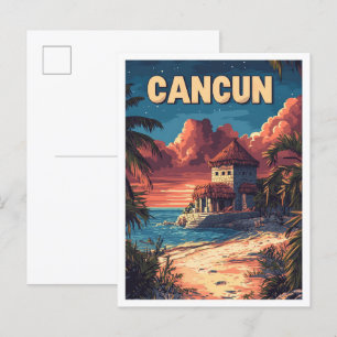 Beautiful Cancun Beach Mexico Illustration Travel Postcard