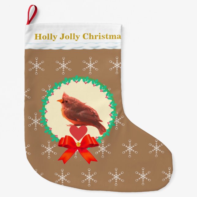 Beautiful Cardinal Bird Large Christmas Stocking (Front)