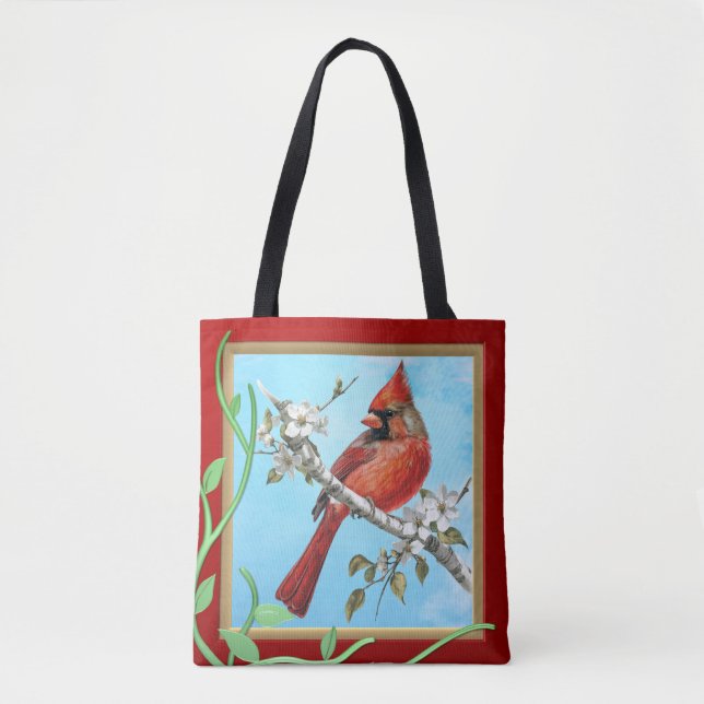 Beautiful Cardinal Bird on a Branch Tote Bag (Front)