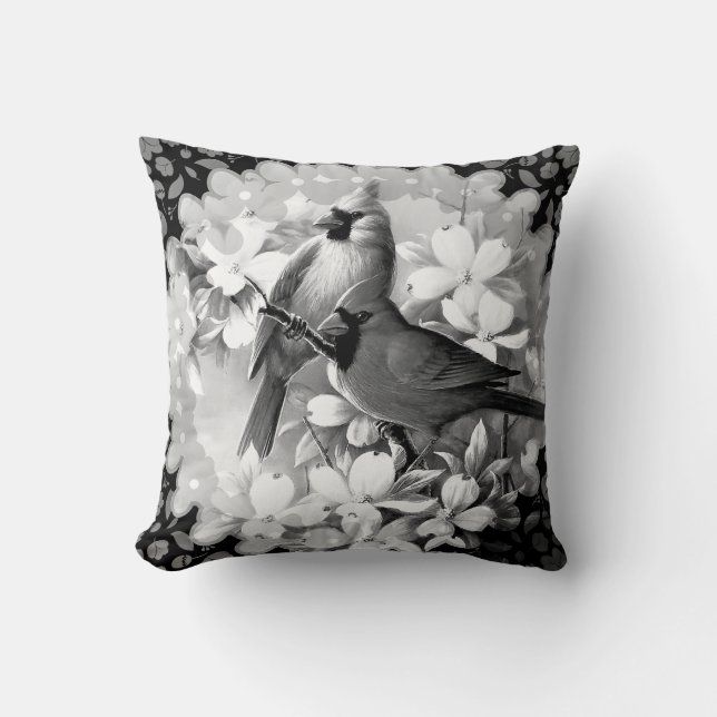 Beautiful Cardinal Birds In Black and White Throw Pillow (Front)