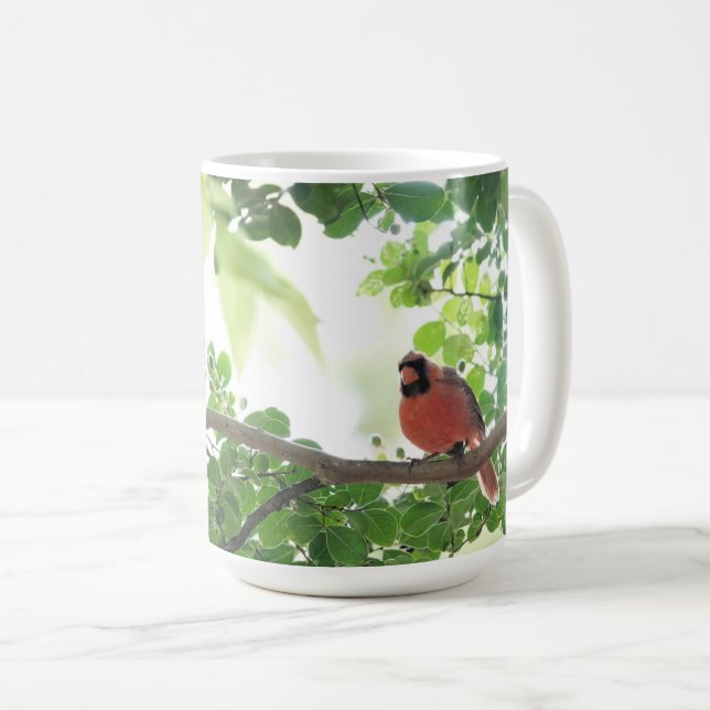 Beautiful cardinal in crepe myrtle tree,  coffee mug (Front Right)