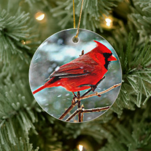Beautiful Cardinal in Snowy Tree Christmas Ceramic Ornament