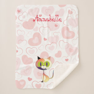 Beautiful Cartoon Cat and Cute Elegant Hearts Sherpa Blanket