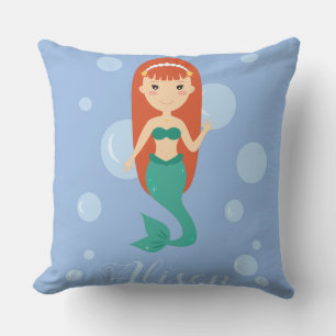 Beautiful cartoon mermaid girl swims in ocean  throw pillow