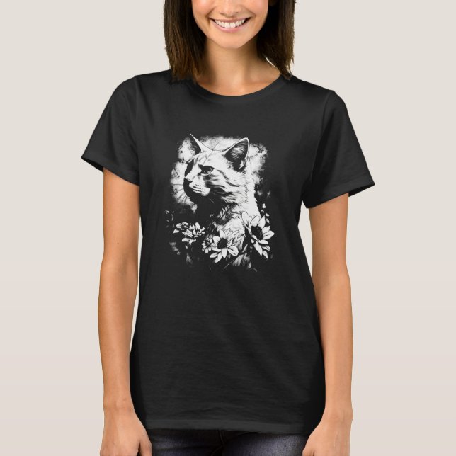 beautiful cat and sunflower silhouette portrait  w T-Shirt (Front)