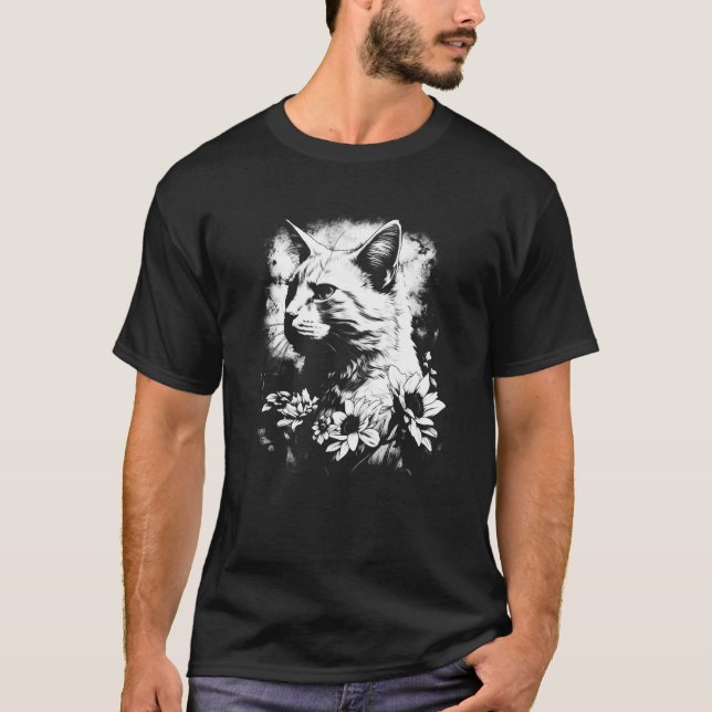 beautiful cat and sunflower silhouette portrait  w T-Shirt (Front)