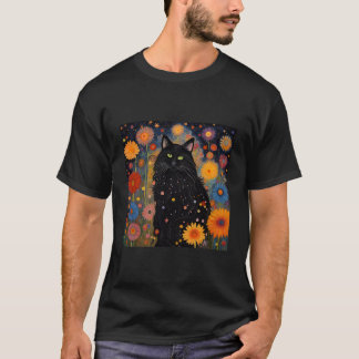 Beautiful Cat Black As Night Surrounded By Stars A T-Shirt