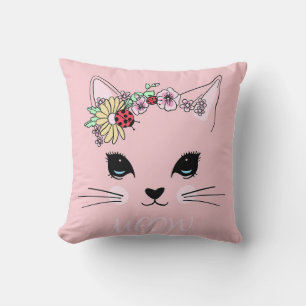 Beautiful Cat Face Meow Pink Cute Kitten Funny Cat Throw Pillow