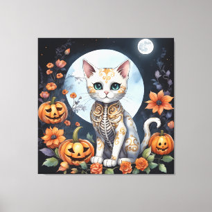 Beautiful Cat Halloween Floral Moon - Whimsical  Canvas Print