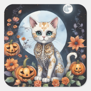 Beautiful Cat Halloween Floral Moon - Whimsical Square Sticker