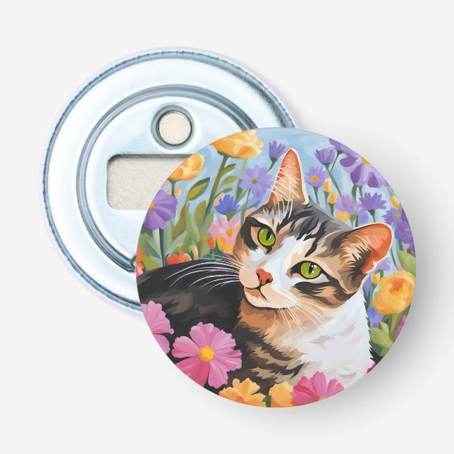 Beautiful cat with flowers bottle opener (Front)