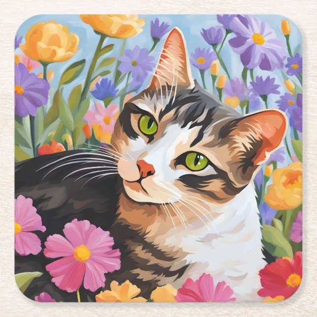 Beautiful cat with flowers square paper coaster (Front)