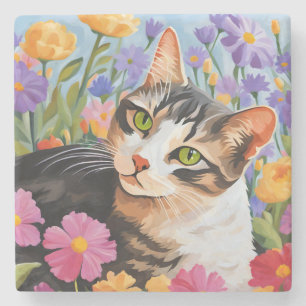 Beautiful cat with flowers stone coaster