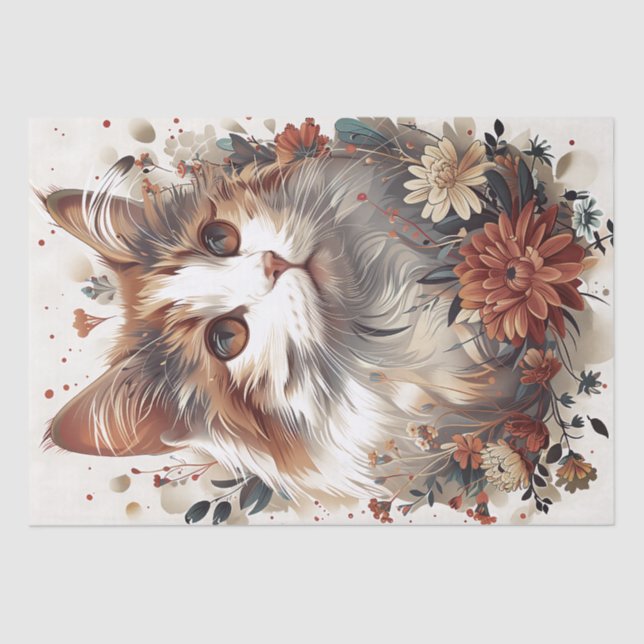 Beautiful Cat with Flowers Tissue Paper (Front)