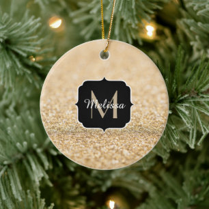 Beautiful champagne gold glitter sparkles Monogram Ceramic Ornament